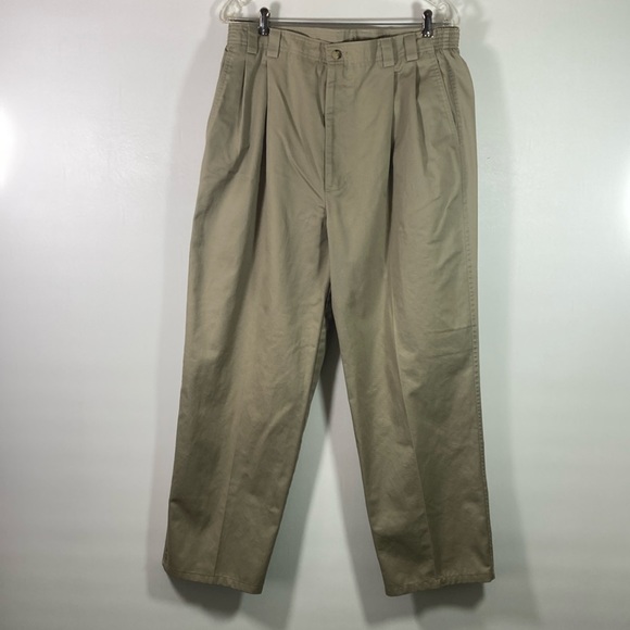 Haggar Clothing Co Pants Men Size 36X34 Tan Elastic Sides  Pleats 100% Cotton - Picture 1 of 9